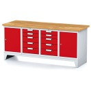 Dielenský stôl MECHANIC I, 2 skrinky a 2x 5 zásuvkový box na náradie, 10 zásuviek, 2000x700x880 mm, červené dvere