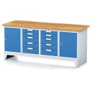Dielenský stôl MECHANIC I, 2 skrinky a 2x 5 zásuvkový box na náradie, 10 zásuviek, 2000x700x880 mm, modré dvere