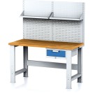 Dielenský stôl MECHANIC s nadstavbou a policou, 1500x700x700-1055 mm, nastaviteľné podnožie, 1x 1 zásuvkový kontejner, sivý/modrá
