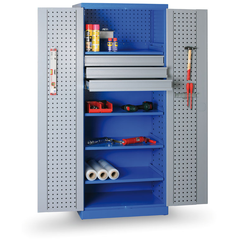 Dílenská kovová skříň na nářadí GÜDE, 4 police, 3 zásuvky, svařovaná, nosnost 60 kg, 780 x 580 x 1920 mm