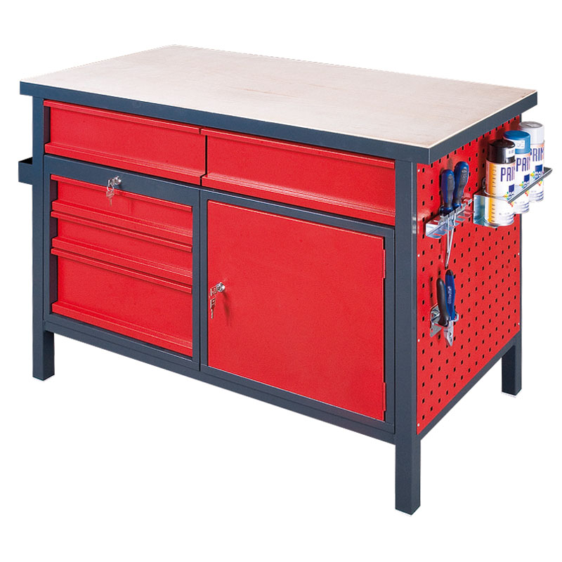 Dílenský pracovní stůl GÜDE Basic, 5 zásuvek, smrk + buková překližka, 5 zásuvek, 1 skříňka, 1190 x 600 x 850 mm, antracit / červená
