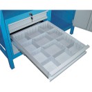Dílenský pracovní stůl GÜDE Basic, 5 zásuvek, smrk + buková překližka, 5 zásuvek, 1 skříňka, 1190 x 600 x 850 mm, modrá / šedá