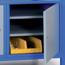 Dílenský pracovní stůl GÜDE Basic, smrk + buková překližka, 1 skříňka, 1 police, 1190 x 600 x 850 mm, modrá