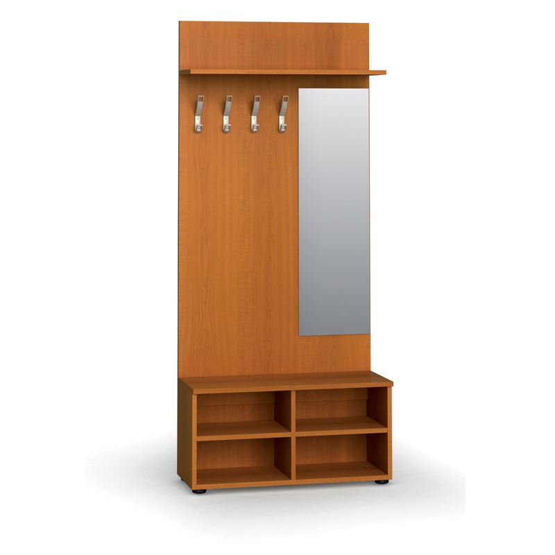Garderobenwand, Schuhregal + Spiegel PRIMO, 4 Haken, Ablage, Kirschbaum