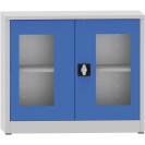 Geschweißter Regalschrank mit Glastür, 800 x 950 x 400 mm, grau / blau