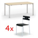Jednací stůl SQUARE 1600 x 800 mm, bříza  + 4x plastová židle LINDY, černá