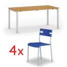 Jednací stůl SQUARE 1600 x 800 mm, buk + 4x plastová židle LINDY, modrá