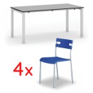 Jednací stůl SQUARE 1600 x 800 mm, šedá + 4x plastová židle LINDY, modrá