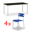 Jednací stůl SQUARE 1600 x 800 mm, wenge + 4x plastová židle LINDY, modrá