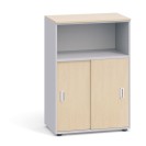 Kancelárska skriňa kombinovaná PRIMO, zasúvacie dvere, 1087 x 800 x 420 mm, sivá / breza