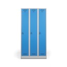 Kovová šatní skříňka, 3-dveřová na soklu, modré dveře, cylindrický zámek