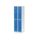 Kovová šatní skříňka s úložnými boxy, 4 boxy, modré dveře, cylindrický zámek