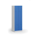 Kovová šatní skříňka Z, 4 oddíly, 1850 x 600 x 500 mm, otočný zámek, modré dveře