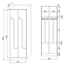Kovová šatní skříňka Z, 4 oddíly, 1850x600x500 mm, mechanický kódový zámek, laminované dveře, bříza