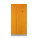 Kovová šatníková skrinka s úložnými boxami, demontovaná, oranžové dvere, cylindrický zámok