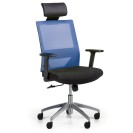 Krzesło biurowe z oparciem z siatki WOLF II, regulowane podłokietniki, aluminiowy krzyżak, niebieskie