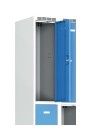 Metallspind auf Sockel mit Aufbewahrungsboxen, 2 Boxen, blaue Tür, Drehriegelschloss