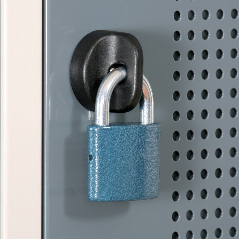 Metallspind mit Zwischenwand auf Sockel, 2-türig, graue Tür, Drehriegelschloss