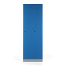 Metalowa szafka ubraniowa, rozłożona, niebieskie drzwi, zamek cylindryczny