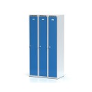 Metalowa szafka ubraniowa trzydrzwiowa, niebieskie drzwi, zamek cylindryczny
