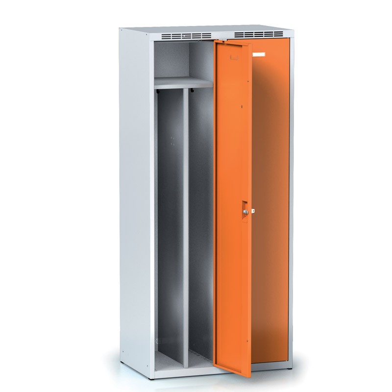 Metalowa szafka ubraniowa z przegrodą, 2-drzwiowa, pomarańczowe drzwi, zamek cylindryczny