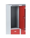 Metalowa szafka ubraniowa ze schowkami, 2-drzwiowa, drzwi czerwone, zamek obrotowy