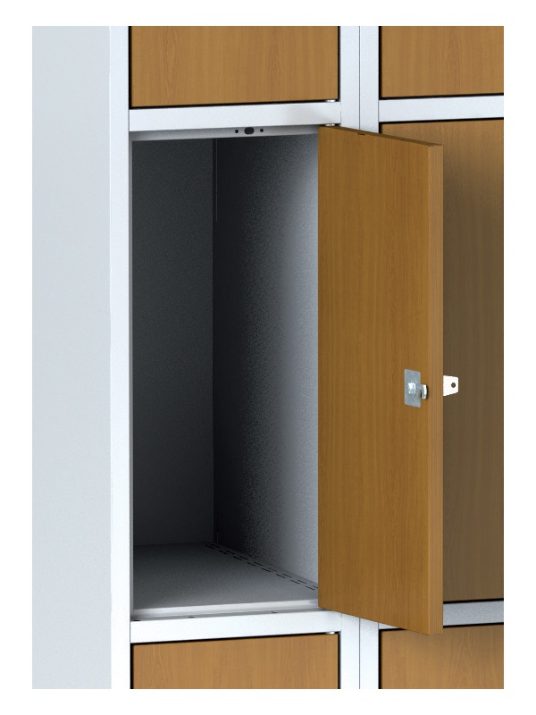 Metalowa szafka ubraniowa ze schowkami, 6 drzwi 300 mm, drzwi LPW, brzoza, zamek obrotowy