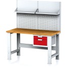 Nastaviteľný dielenský stôl MECHANIC I , závesný box na náradie, nadstavba, polica, 2 zásuvky, 1500x700x700-1055 mm, červené
