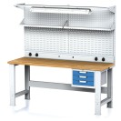 Nastaviteľný dielenský stôl MECHANIC I + závesný box, nadstavba, polica, el. zásuvky a osvetlenie, 3 zásuvky, 2000x700x700-1055 mm, modré