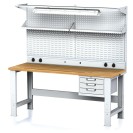 Nastaviteľný dielenský stôl MECHANIC I + závesný box, nadstavba, polica, el. zásuvky a osvetlenie, 3 zásuvky, 2000x700x700-1055 mm, sivé