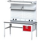 Nastaviteľný dielenský stôl MECHANIC II, perfopanel, polica, osvetlenie, 2 zásuvkový box na náradie, 1600x700x745-985 mm, sivá/červená