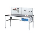 Nastaviteľný dielenský stôl MECHANIC II, s perfopanelom, 1 zásuvkový box na náradie, 1600x700x745-985 mm, sivá/modrá