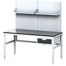 Nastaviteľný dielenský stôl MECHANIC II s perfopanelom a policami, 1 zásuvkový box na náradie, 1600x700x745-985 mm, sivá/antracit
