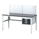 Nastavitelný dílenský stůl MECHANIC II s perfopanelem, 3 zásuvkový box na nářadí, 1600x700x745-985 mm, šedá/antracit