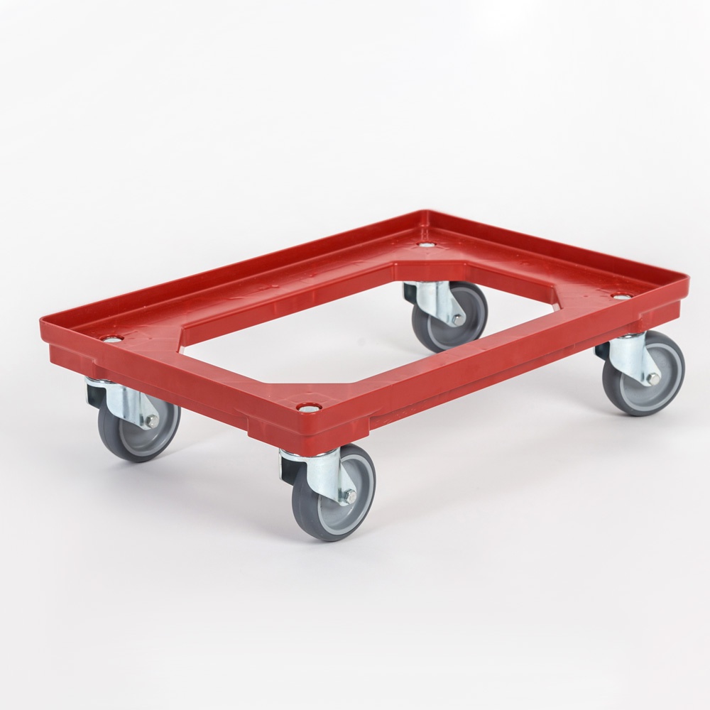Plastový vozík na prepravky 600x400 mm, 250 kg, gumové kolesá, červená