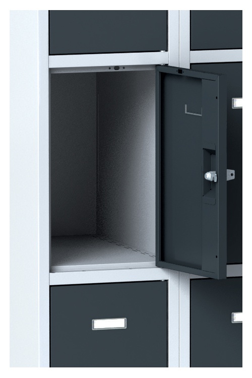 Plechová šatní skříňka na soklu s úložnými boxy, 4 boxy, šedé dveře, otočný zámek