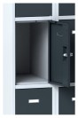 Plechová šatní skříňka na soklu s úložnými boxy, 4 boxy, tmavě šedé dveře, cylindrický zámek