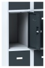 Plechová šatní skříňka na soklu s úložnými boxy, 4 boxy, tmavě šedé dveře, otočný zámek