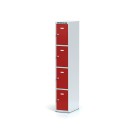 Plechová šatní skříňka s úložnými boxy, 4 boxy, červené dveře, cylindrický zámek