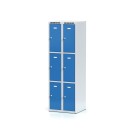 Plechová šatní skříňka s úložnými boxy, 6 boxů, modré dveře, cylindrický zámek