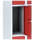 Plechová šatníková skrinka na sokli s úložnými boxami, 6 boxov, červené dvere, otočný zámok
