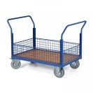 Plošinový vozík - 4 nízke drôtené výplne, 1000x700 mm, nosnosť 300 kg, kolesá 160 mm so sivou gumou