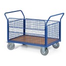Plošinový vozík s drátěnými výplněmi, 1000x700 mm, nosnost 300 kg, kola 160 mm s šedou pryží