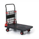 Plošinový vozík so sklopným madlom, 3 drôtené výplne, 300 kg, plastové držiaky koliesok