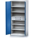 Policová dielenská skriňa 2-dverová MECHANIC, 5 políc, 2 zásuvky, 920 x 500 x 1950 mm, modré dvere