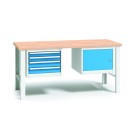 Profesjonalny stół warsztatowy z drewnianym blatem roboczym, 2000x685x840-1050 mm, 1x 4 szufladowy kontener, 1x szafka
