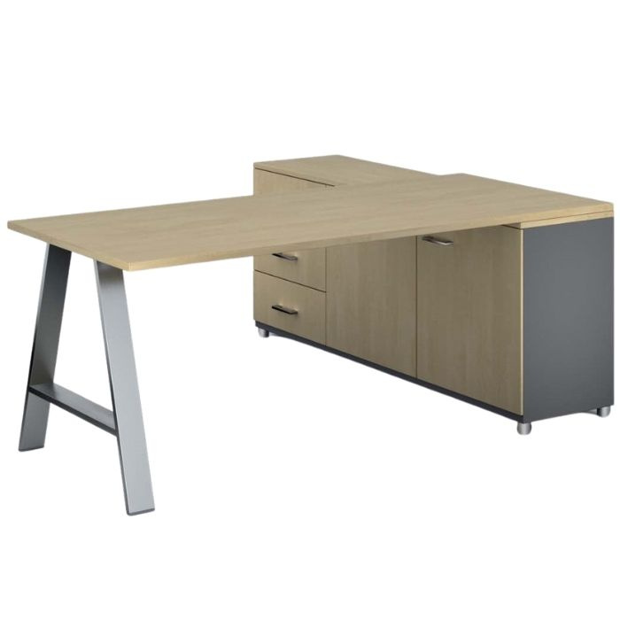 Rohový kancelársky písací stôl PRIMO STUDIO, skrinka vľavo, 1800 x 800 mm, sivá / breza