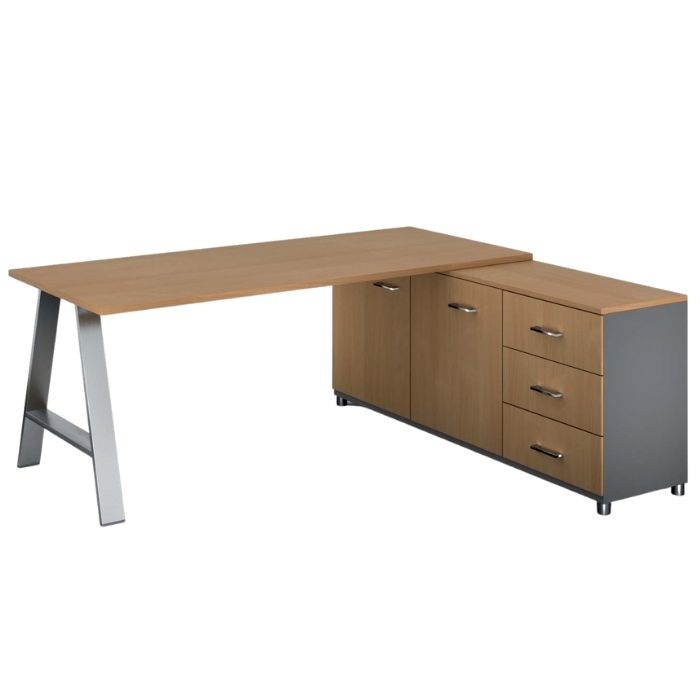 Rohový kancelársky písací stôl PRIMO STUDIO, skrinka vpravo, 1800 x 800 mm, sivá / buk