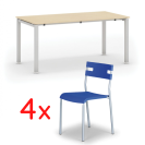 Rokovací stôl SQUARE 1600 x 800 mm, breza + 4x plastová stolička LINDY, modrá