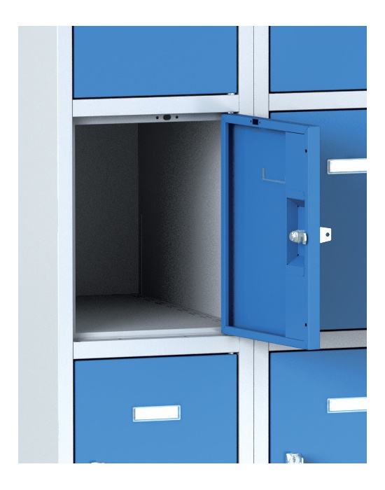 Šatní skříňka na soklu s úložnými boxy, 15 boxů, modré dveře, otočný zámek